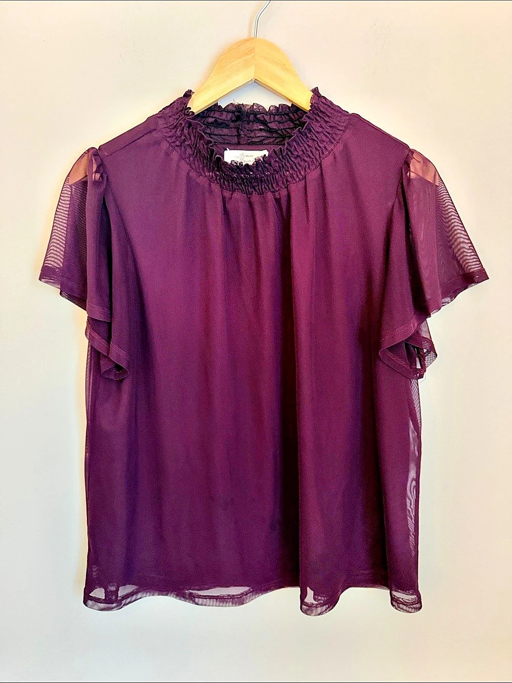 Beacon Apparel Ruffle Neck Mesh Sleeve Blouse in Purple Size Large